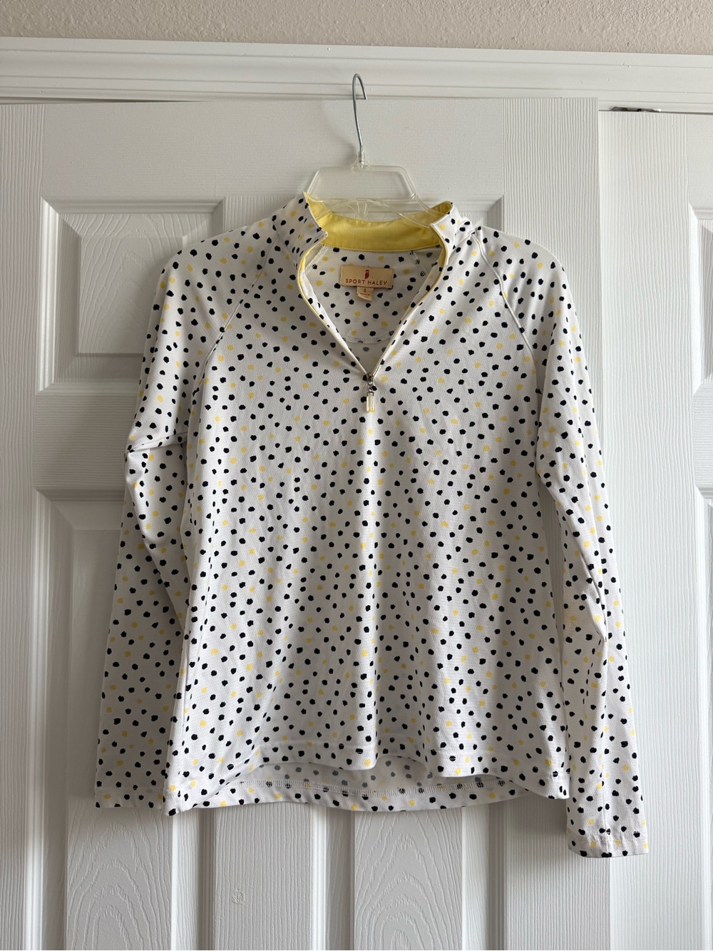 Sport Haley White Long Sleeve Polka Dot Pullover with Yellow Accents